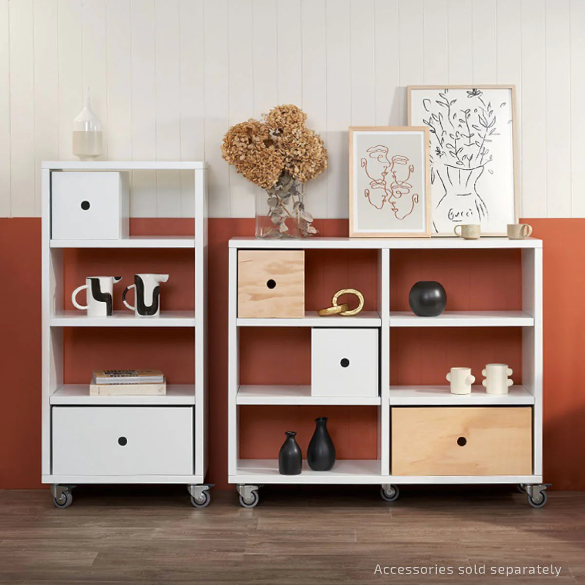 Two bookshelves with decor