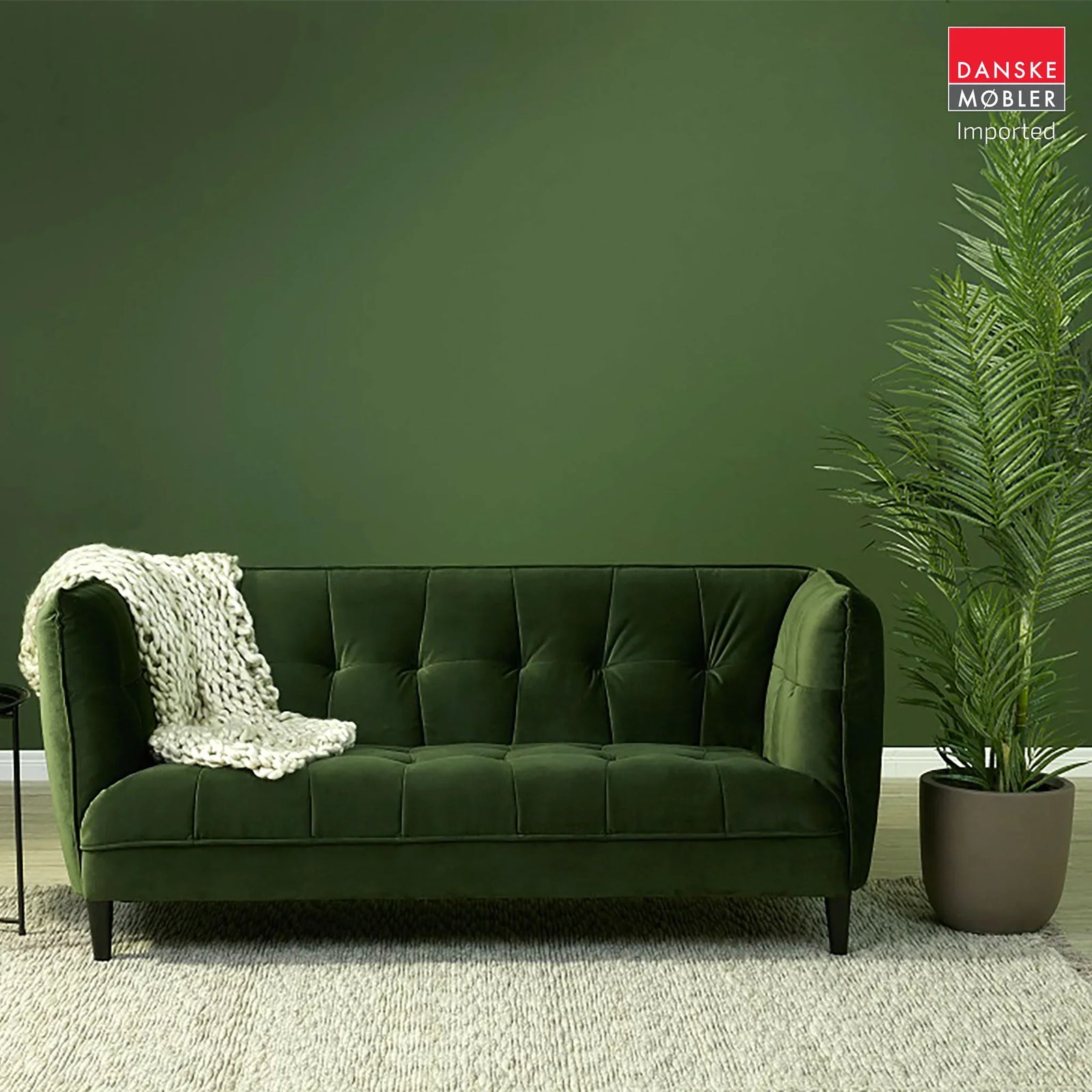 green velvet sofa with throw rug
