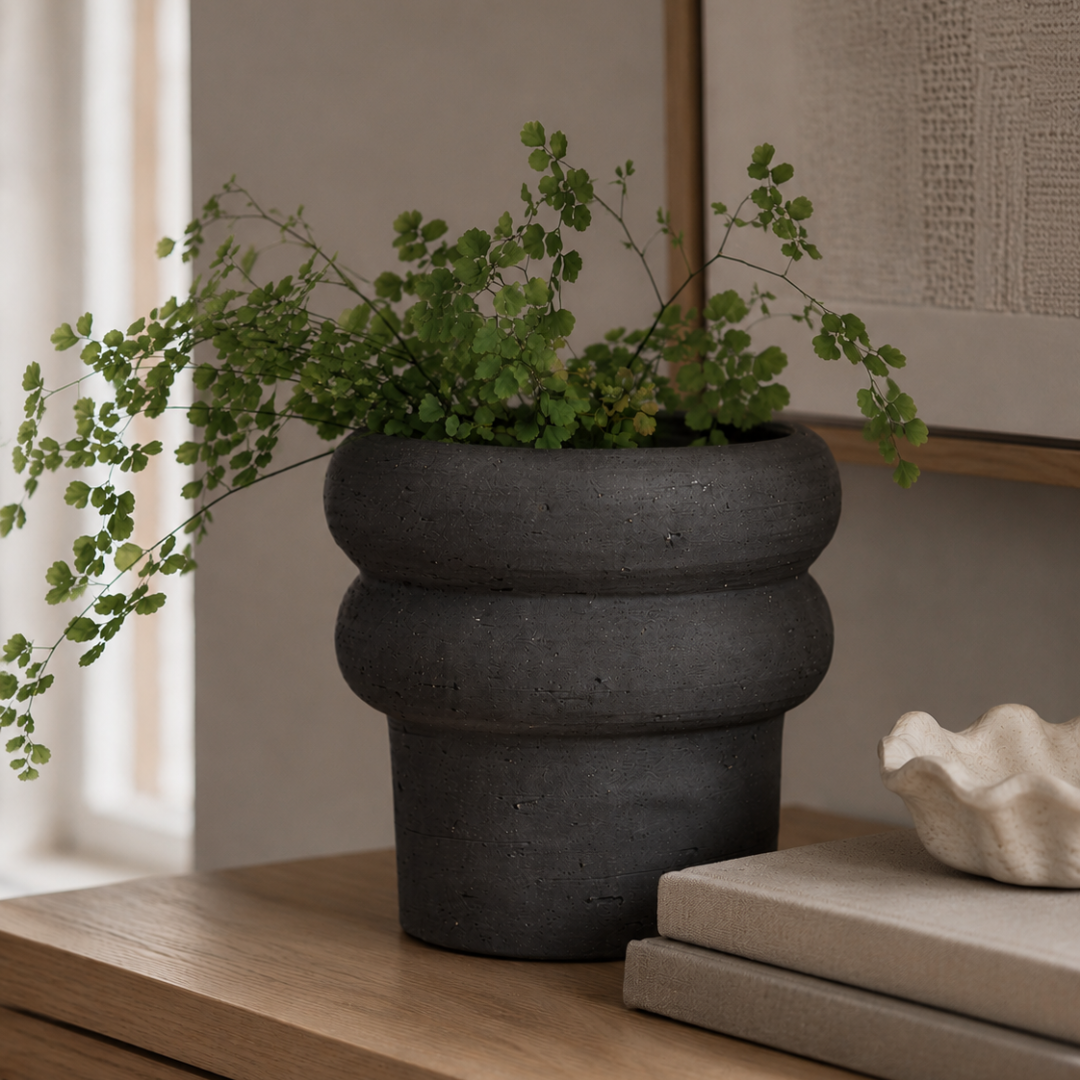 Double Halo Rim Black Ceramic Planter